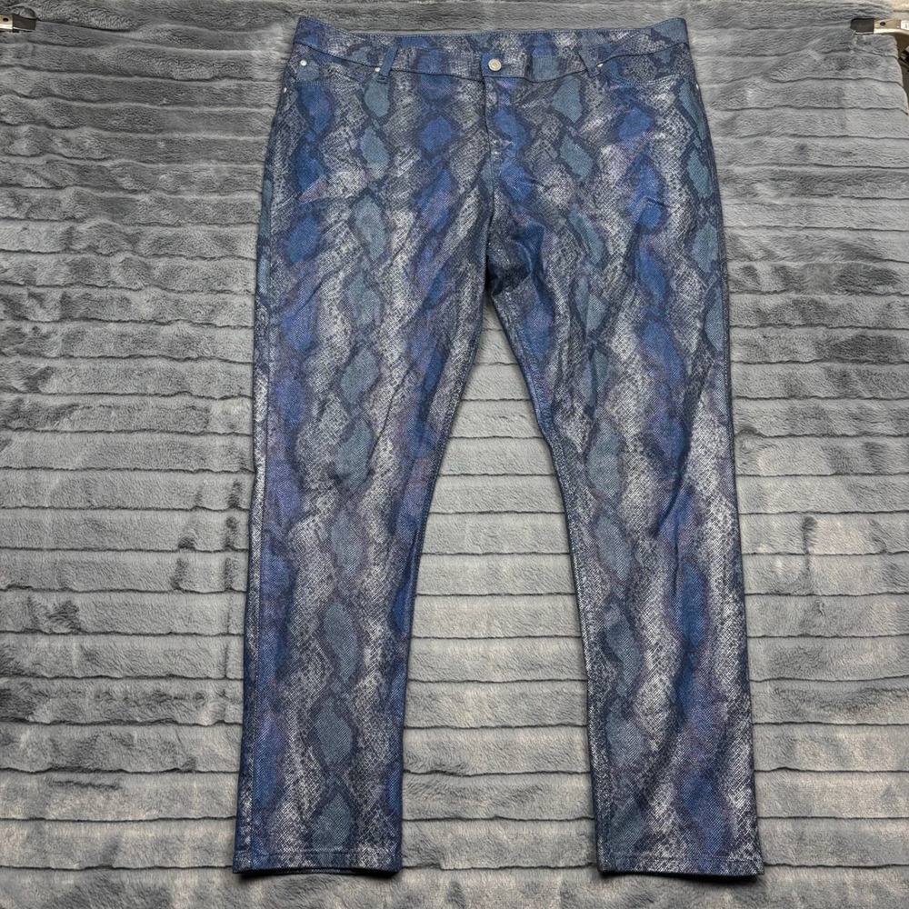 ASOS Plus Mens Blue Snakeskin Print Pants W44 L32 Metallic Pattern Trousers